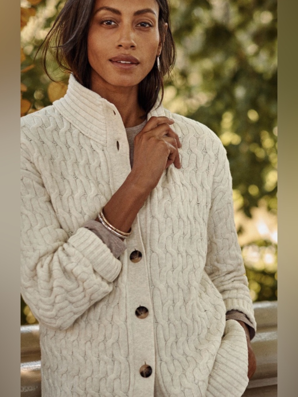 J.Jill Cable Knit Cardigan Sweater | Cream Button Front | Size L Tall